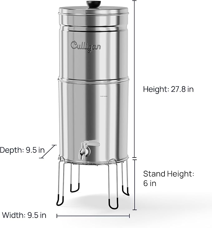 Culligan MaxClear 3 Gallon Gravity Water Filter System, Polished Stainless-Steel Countertop Water Filter NSF/ANSI Certified to Reduce Microplastics, Lead & Total PFAS, with 3 Ceramic Filters