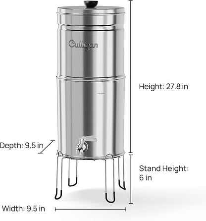 Culligan MaxClear 3 Gallon Gravity Water Filter System, Polished Stainless-Steel Countertop Water Filter NSF/ANSI Certified to Reduce Microplastics, Lead & Total PFAS, with 3 Ceramic Filters