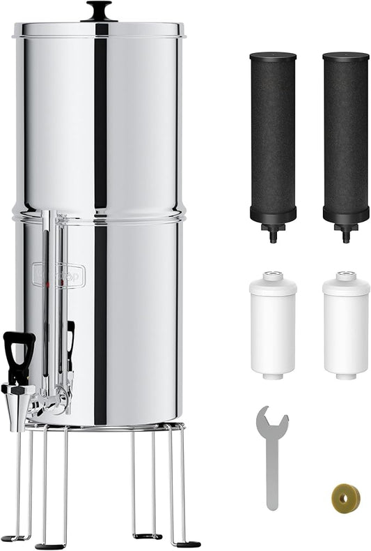Waterdrop TK-FS Gravity Water Filter System, NSF/ANSI 42&372 Standard, Stainless-Steel Water System with 4 Filters, Reduces Chlorine and Lead, with Sight Glass Spigot and Stand, 2.25G