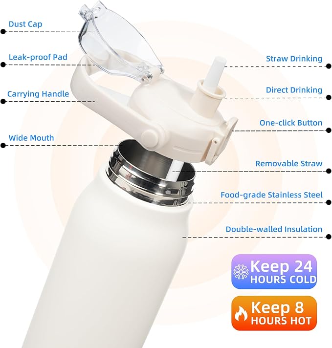BJPKPK Insulated Water Bottles with Straw, 45 oz Stainless Steel Metal Water Bottle with One-handed Opening Lid, BPA Free Reusable Jugs for Gym Sports Outdoors,White