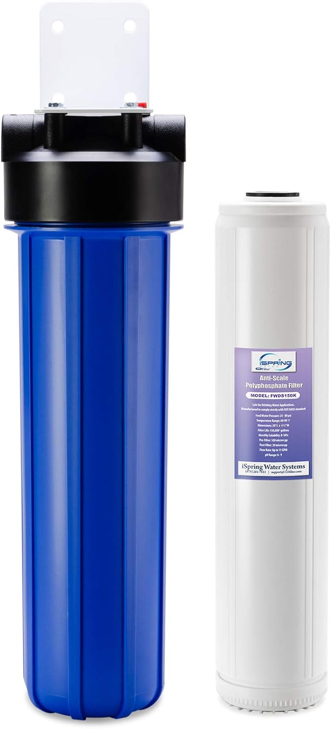 iSpring Whole House Water Filter,20" x 4.5", Reduces Scale Water Filters, Whole House Water Filtration System, Filter Made in the USA, Model:WDS150K, Blue
