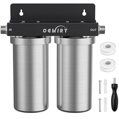 Whole House Water Filter, Stainless Steel Filter Housing, 2-Stage 10"x4.5" Sediment Carbon Filter Pre-Filtration System for Well or City Water, 1" or 3/4" NPT Port, 2 Filters