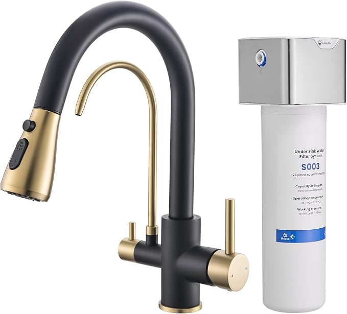 GIMILI Black and Gold 3 in 1 Kitchen Faucet with Under Sink Water Filter System, Reduces Lead, Chlorine, Bad Taste & Odor, Kitchen Sink Faucet with Drinking Water Faucet