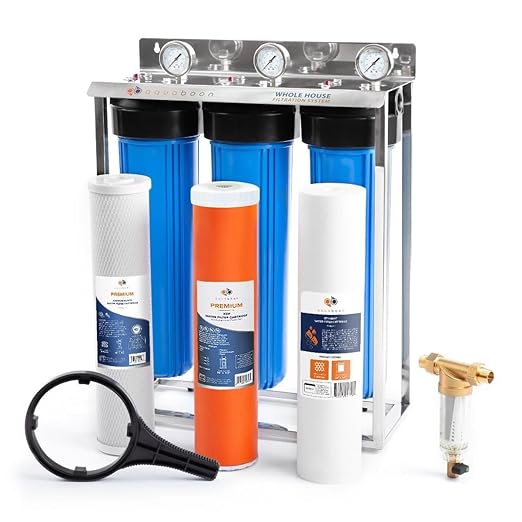 Aquaboon 3-Stage Whole House Water Filter System with 5 Micron 20x4.5 Reducing Sediment and KDF Heavy Metals Water Filter Purification Cartrige, Pressure Gauges, Wrench, Bracket