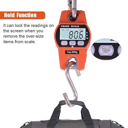 Fuzion Hanging Scale 660LB - Heavy Duty Crane Scale with Aluminum Body | Stainless Steel Hook, Hold/Tare Function, Large Display, Digital Hanging Scales for Weighing Animals, Hays, Fish, Luggage
