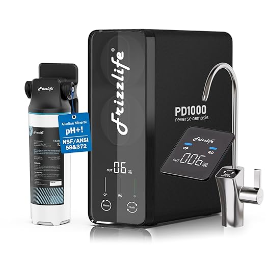 Frizzlife 1000GPD Reverse Osmosis Water Filter, NSF/ASNI 58&372 Standard, Alkaline Mineral pH+ Reverse Osmosis, 9-Stage Filtration Tankless RO, 2:1 Pure to Drain, Under Sink, Smart Faucet, PD1000-N