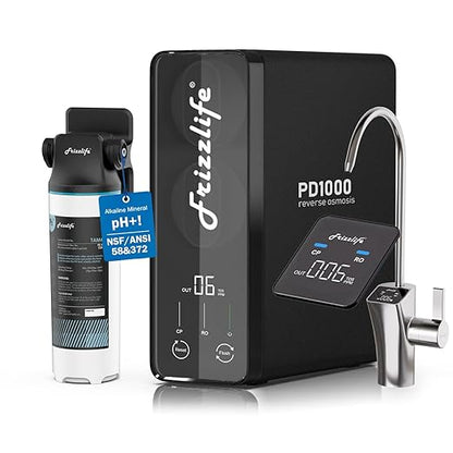Frizzlife 1000GPD Reverse Osmosis Water Filter, NSF/ASNI 58&372 Standard, Alkaline Mineral pH+ Reverse Osmosis, 9-Stage Filtration Tankless RO, 2:1 Pure to Drain, Under Sink, Smart Faucet, PD1000-N