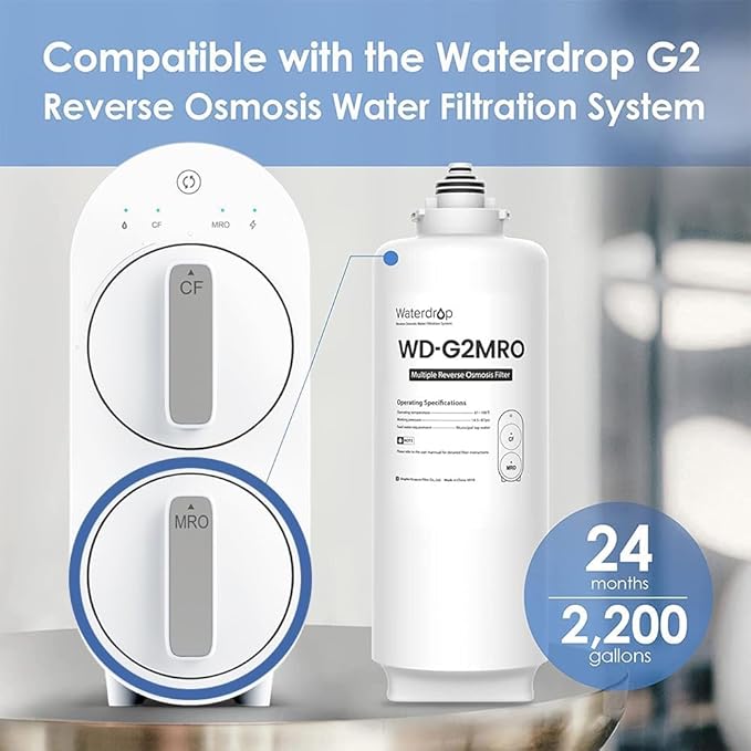 Waterdrop G2MRO Reverse Osmosis Filter, Replacement for G2 & G2MNR Reverse Osmosis System, Reduce PFAS, 2-year Lifetime