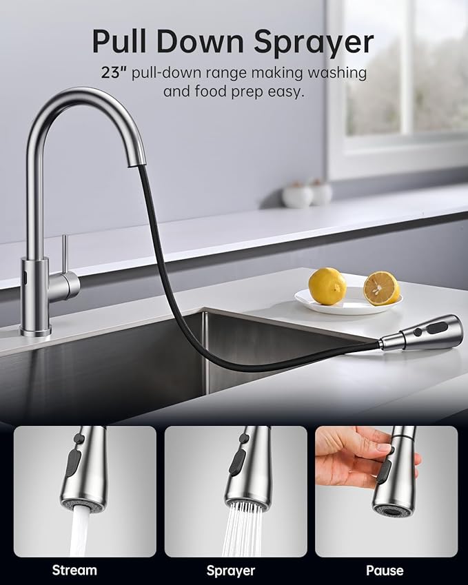 Hiqufet Touchless Kitchen Sink Faucet with Pull Down Sprayer, Stainless Steel Smart Motion Sensor Faucet for Pot Filler, Farmhouse Camper Bar Sink Laundry Room, Brushed Nickel