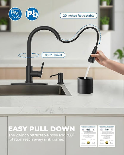 WEWE Touchless Kitchen Sink Faucet with Soap Dispenser, Single Handle Kitchen Faucets with Pull Down Sprayer Smart Motion Sensor Stainless Steel, Matte Black