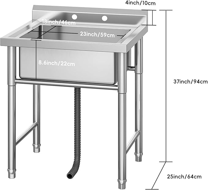 Garvee Outdoor Freestanding Stainless Steel Utility Sink, Commercial Single Bowl Prep Sink with Backsplash for Kitchen, Restaurant, Laundry, Garage, Bar & Workshop – Easy Clean & Anti-Splash Design