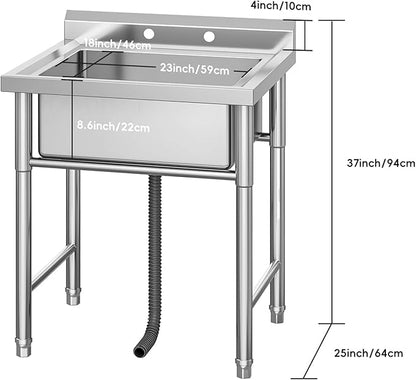 Garvee Outdoor Freestanding Stainless Steel Utility Sink, Commercial Single Bowl Prep Sink with Backsplash for Kitchen, Restaurant, Laundry, Garage, Bar & Workshop – Easy Clean & Anti-Splash Design