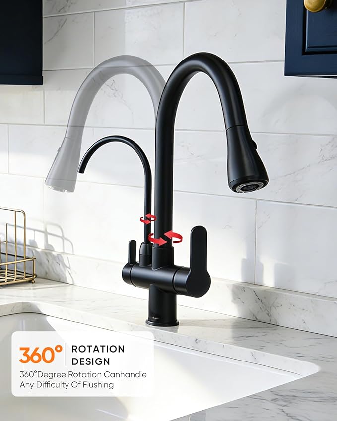 WANFAN Kitchen Sink Faucet with Pull Down Sprayer 2 Handle 3 in 1 Water Filter Purifier Faucets Black 0195R