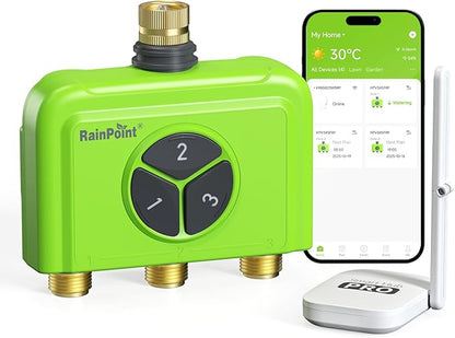 RAINPOINT 3 Zone WiFi Water Timer with Smart Gateway, Brass Inlet/Outlet WiFi Sprinkler Timer, Voice Control, Smart Watering System by Time/Weather/Quantity/Soil Moisture, Rain Delay & Manual Watering