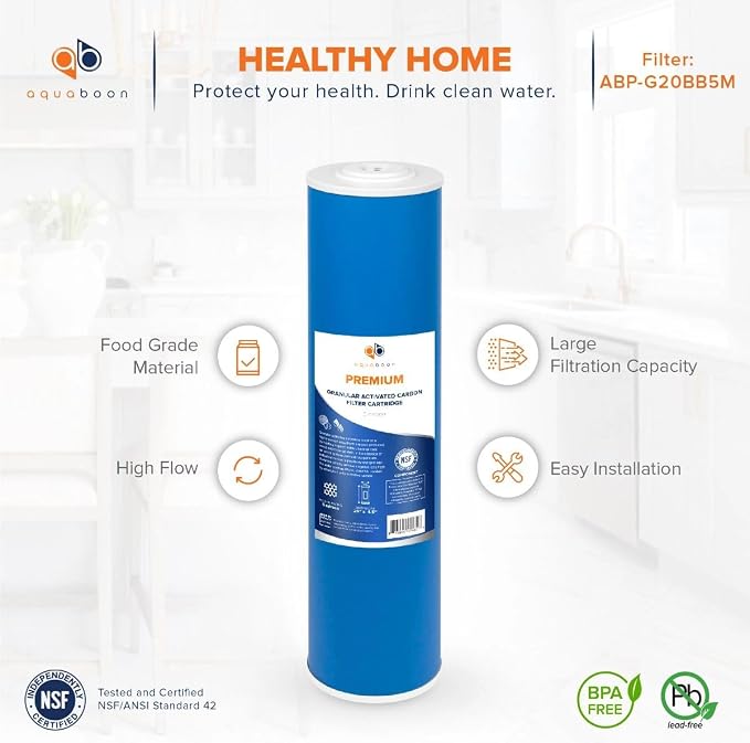 Aquaboon 5 Micron 20 x 4.5 Whole House Water Filter Replacement Cartridge Grabular Activated Carbon (GAG) for 1-Stage Water Filtration System 2 Pack