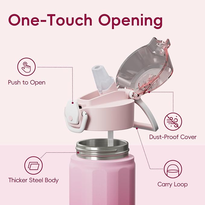 Konokyo FLOWPLAY 22oz Locking Push-Button Water Bottle with Silicone Spout,Leak-Proof,18/8 Stainless Steel Double-Wall Vacuum Insulated for Sports and Travel,BPA-Free,Cherry Blossom