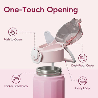 Konokyo FLOWPLAY 25oz Locking Push-Button Water Bottle with Silicone Spout,Leak-Proof,18/8 Stainless Steel Double-Wall Vacuum Insulated for Sports and Travel,BPA-Free,Cherry Blossom