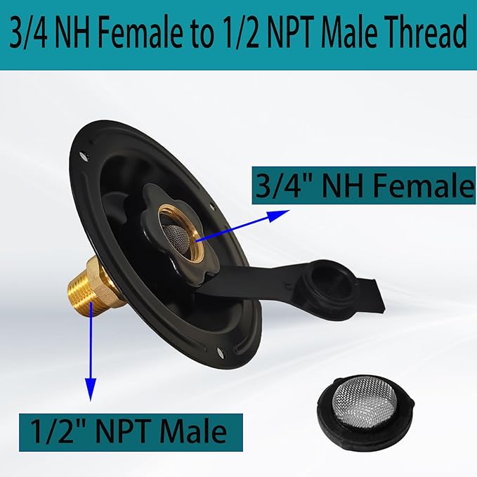 RV City Water Inlet with Check Valve, 3/4 NH Female to 1/2 NPT Male Black Flange RV Fresh Water Inlet, RV Water Inlet Replacement, RV Water Inlet with Dust Plug for RV Camper Motorhome, Black