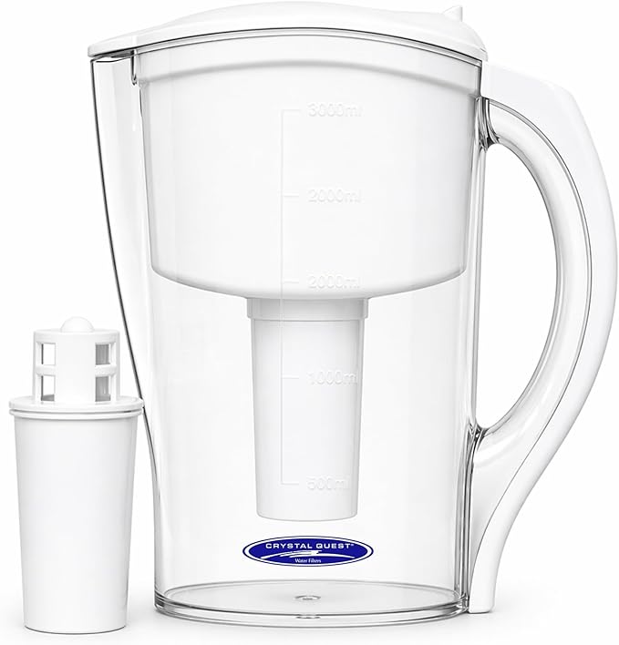 Crystal Quest Water Filter Pitcher - 12-Cup Capacity, 6-Stage Filtration, Includes 1 Long-Life Filter, BPA Free, Meets NSF Standard 42 - Filter Upto 2000 Gallons - Standard (Smart)/White