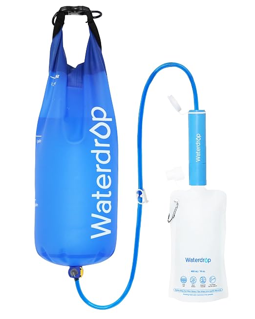 Waterdrop Gravity Water Filter Straw, Camping Water Filter, 0.1 Micron | Survival Water Purifier for Hiking, Backpacking & Emergency Preparedness, Multi-Stage Filter with 1.5 Gallon Water Bag