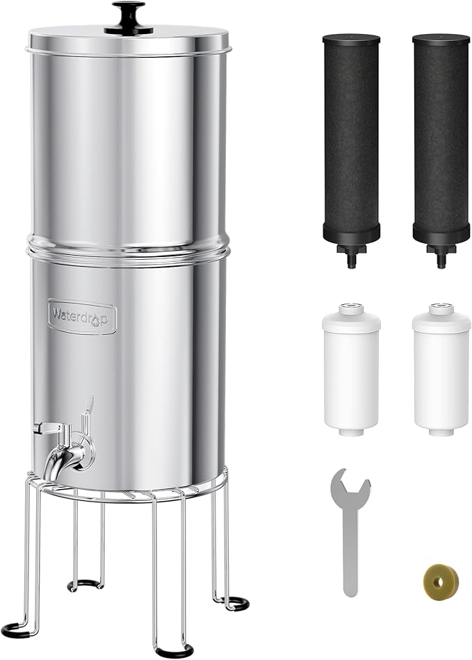 Waterdrop TK15-A-FS Gravity Water Filter System, NSF/ANSI 42&372 Standard, Reduce Chlorine, Stainless-Steel Water System with 4 Filters, Metal Spigot and Stand for Home, Travel, Emergencies, 1.5G