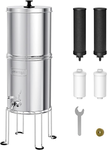 Waterdrop TK15-A-FS Gravity Water Filter System, NSF/ANSI 42&372 Standard, Reduce Chlorine, Stainless-Steel Water System with 4 Filters, Metal Spigot and Stand for Home, Travel, Emergencies, 1.5G
