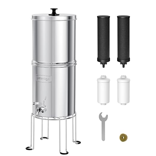 Waterdrop TK15-A-FS Gravity Water Filter System, NSF/ANSI 42&372 Certified | Reduce Chlorine, Stainless-Steel Water System with 4 Filters, Metal Spigot and Stand for Home, Travel, Emergencies, 1.5G