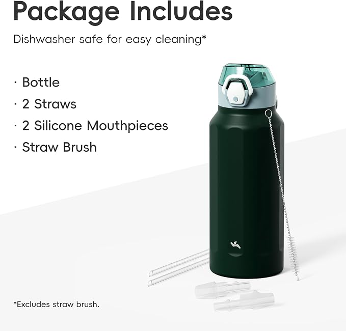 Konokyo FLOWPLAY 32oz Locking Push-Button Water Bottle with Silicone Spout,Leak-Proof,18/8 Stainless Steel Double-Wall Vacuum Insulated for Sports and Travel,BPA-Free,Dark Green