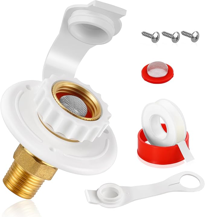 RV City Water Fill Inlet Flange Check Valve Water Hookup Connector 3/4 NH Female to 1/2 NPT Male Mount Lead-Free Brass Flush RV Water Backflow Preventer with Dust Plug for RV Camper Motorhome