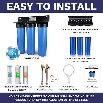 iSpring WGB32BM+AHPF12MNPT16X2 3-Stage Whole House Water Filter System, Reduces Iron & Manganese, Chlorine, Sediment Home Water Filtration System w/ 3/4'' Braided Stainless Steel Hose Connectors