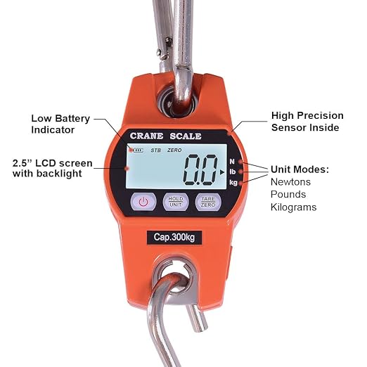 Fuzion Hanging Scale 660LB - Heavy Duty Crane Scale with Aluminum Body | Stainless Steel Hook, Hold/Tare Function, Large Display, Digital Hanging Scales for Weighing Animals, Hays, Fish, Luggage