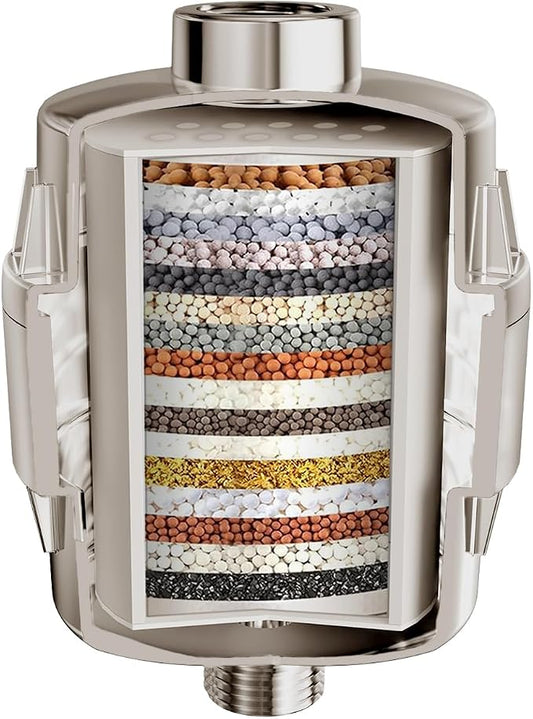 20 Stage Shower Filter for Hard Water, Remove Chlorine Heavy Metals and other Impurities, Improve Skin Hair, Fit Most Handheld Showerhead Fixed Rainfall (Brushed Nickel)