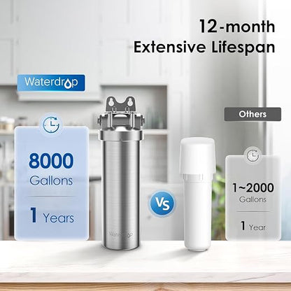 Waterdrop AS08 Stainless Steel Under Sink Water Filter System, Reduces Lead | Reduces Chlorine, Heavy Metals, Bad Taste (1 Filter Included), 1 Years Lifetime Under Sink Water Filter, 5X Service Life