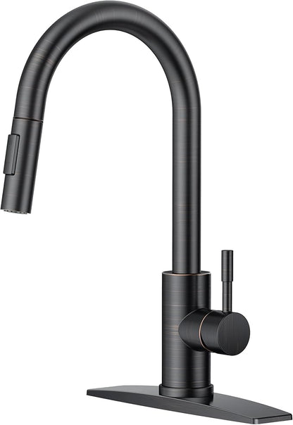 RIOUS Oil Rubbed Bronze Kitchen Faucet with Pull Down Sprayer, High Arc Modern Classic Sink Faucet Stainless Steel with Deck Plate Fit for 1 or 3 Hole for Pot Filler Bar Farmhouse Laundry Rv, ORB