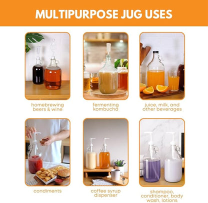 Fastrack 4-Pack 1 Gallon Glass Jug Set (128 oz) w/ Polyseal Caps | Multipurpose 1 Gallon Jug, & Detergent Dispenser for Laundry, Glass Jar for Liquids, Water & Juice