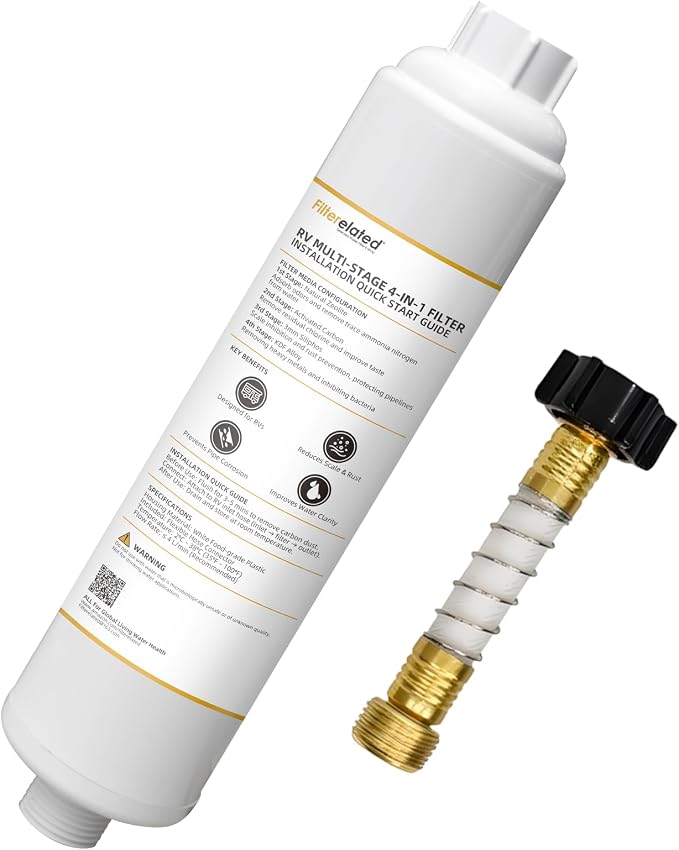 Filterelated RV Inline, Zeo & Crystphos KDF, Anti-Scale, Chlorine & Metals | 6-Stage KDF, Carbon, Zeolite, Crystphos & Dual PP Sediment, Flexible Hose Protector