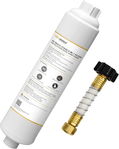 Filterelated RV Inline, Zeo & Crystphos KDF, Anti-Scale, Chlorine & Metals | 6-Stage KDF, Carbon, Zeolite, Crystphos & Dual PP Sediment, Flexible Hose Protector