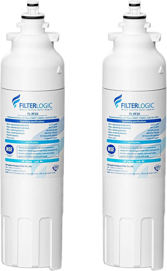 Filterlogic ADQ73613401 Refrigerator Water Filter, Replacement for LG® LT800P®, LT800PC, ADQ736134, ADQ73613402, LSXS26326S, LSXS26366S, LMXS30776S, LSXS26366D, LMXC23746S, 46-9490, 469490, Pack of 2
