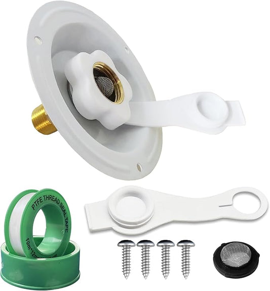 RV City Water Inlet With Check Valve, 3/4 NH Female to 1/2 NPT Male Flange Fresh Water Replacement, Dust Plug for Camper Motorhome, White