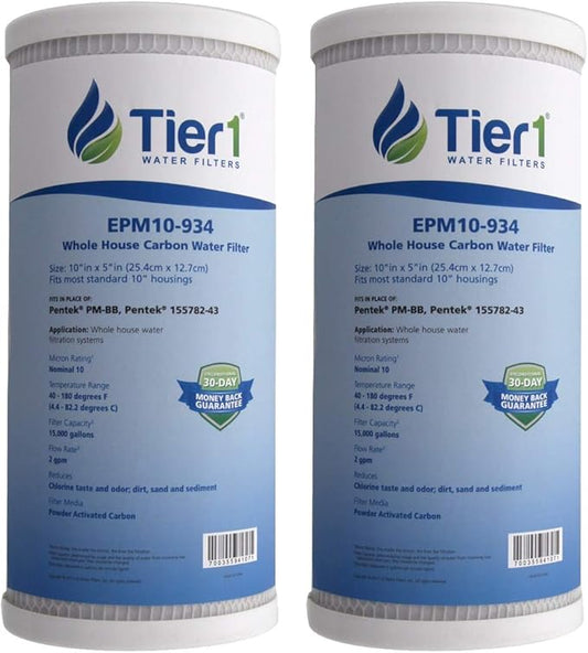 Tier1 10 Micron 10 x 4.5 Water Filter | Whole House Carbon Block Water Filter Replacement Cartridge | Replacement for Pentek EPM-BB, 155782-43, CB-45-1010, EPM10-934 | 4.5 x 10 Water Filter (2-Pack)