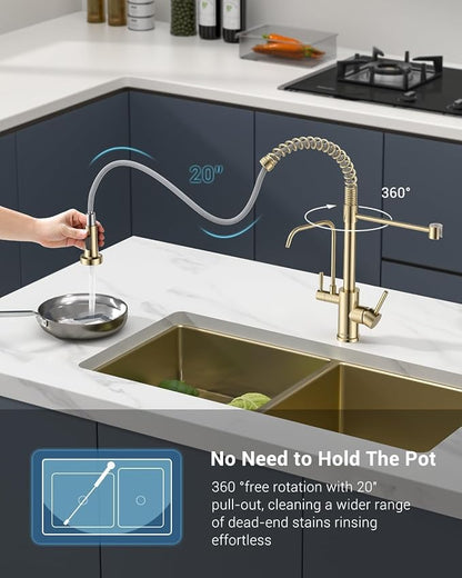 APPASO 3 Way Gold Kitchen Faucet with Water Filter | NSF/ANSI/CAN 372 & Lead-free 3 in 1 Kitchen Faucet for Farmhouse Laundry Camper RV Bar (Without Water Filtration Device)