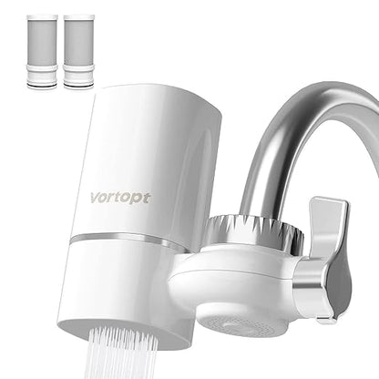 Vortopt Faucet Water Filter for Sink, Rapid Flow - 400 Gallons Faucet Mount Water Filtration System for Tap Water, NSF Certified Reduces Chlorine & Bad Taste with 2 Replacements, T1
