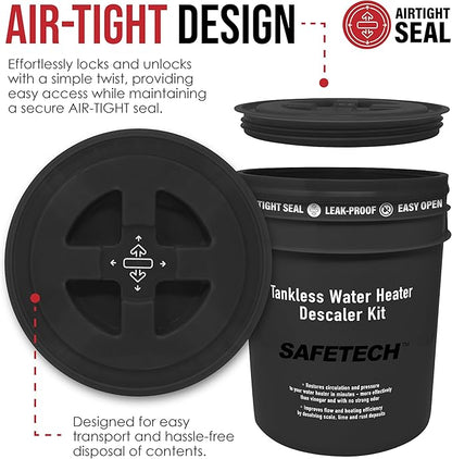 Safetech Tankless Water Heater Flushing Kit with Screw-Top Lid, Premium Braided Hoses, 1/6 HP Utility Pump, Quart Descaler, and Pump Grate