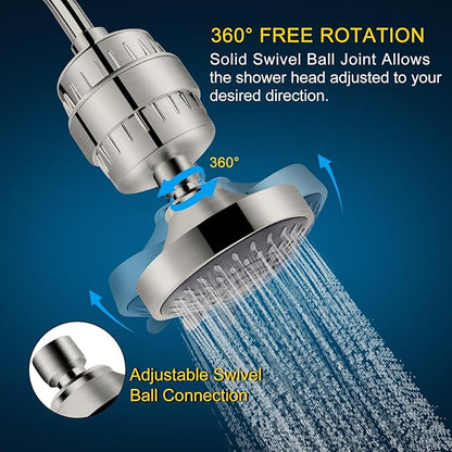 Shower Head and 15 Stage Shower Filter Combo, FEELSO High Pressure 5 Spray Filtered Showerhead with Water Softener Filters for Hard Water Remove Chlorine and Harmful Substances (Nickel Brushed)