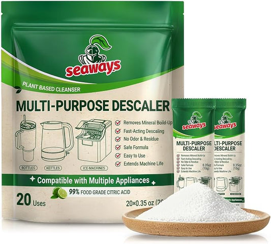 Seaways Multi-Purpose Descaler & Cleaner Powder Packets (20 Uses) | Limescale Remover for Ice Maker,Coffee Machine,Kettle,Shower Head & Distiller | 99% Food-Grade Citric Acid | 20×0.35 oz