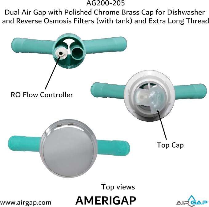 Dual Air Gap with Polished Chrome Brass Cap for Dishwasher and Reverse Osmosis Filters (with tank) and Extra Long Thread (AG200-205, AG200-X05, AMERIGAP)