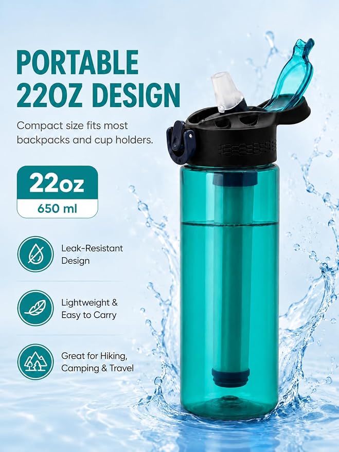 22oz Water Filter Bottle, Portable Outdoor Filtered Water Bottle with Multi-Layer Filtration, Improves Taste & Reduces Odor, BPA-Free Reusable Bottle for Hiking, Camping & Travel (Cyan)