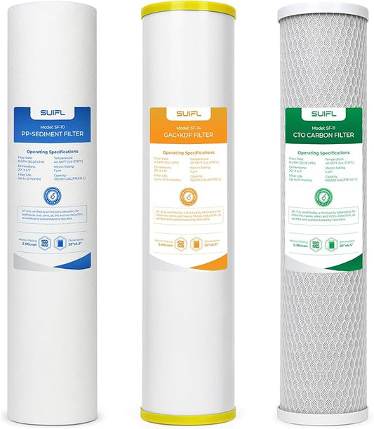 4.5 * 20” 3 Stage Whole House Water Filter Set, Compatible with SimPure DB20P-3, iSpring WGB32B-KS, F3WGB32BKS, HQUA WF3-01, Express Water FLTWH2045CGS1, Pack with PP, GAC and CTO Filter, 1 Set