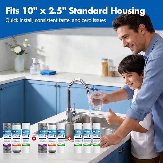 Whole House Water Filter Replacement Cartridges 9-Pack, 10"x2.5" 3-Stage Whole Home Water Filter(Sediment+GAC+CTO Filter), 0.5 Micron Reduces Chlorine,Taste, Sediment for Cleaner Water, 2-Year Supply