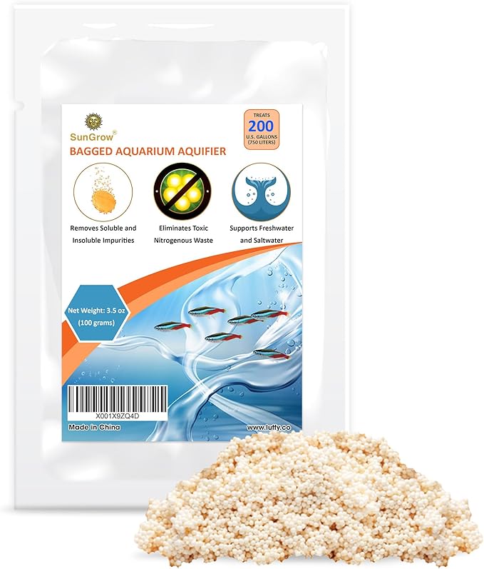 SunGrow Aquarium Resin Filter Media – Remove Ammonia, Nitrite & Nitrate Clear Brown Water from Indian Almond Leaves & Driftwood, for Freshwater & Saltwater Fish Tanks, Fine Mesh Bag Included